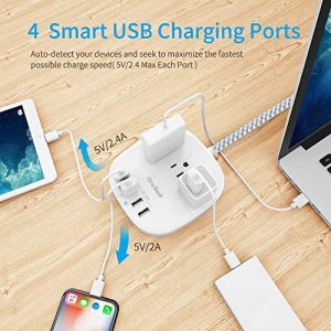 Power Strip 2 Pack, Desktop Charging Station with 3 Outlet 4 USB Ports 4.5A, Flat Plug, 5 ft Long Braided Extension Cord for Cruise Ship Travel Home Office, ETL Listed, White