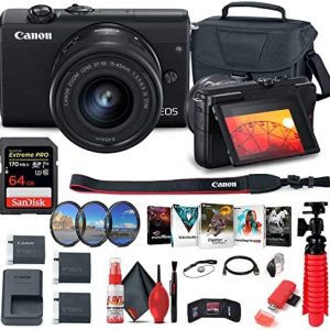 Canon EOS M200 Mirrorless Digital Camera with 15-45mm Lens (Black) (3699C009) + 64GB Memory Card + Case + Filter Kit + Corel Photo Software + LPE12 Battery + Charger + Card Reader + More (Renewed)