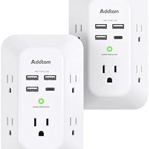 2 Pack USB Wall Charger Surge Protector, 5 Outlet Extender with 4 USB Charging Ports ( 1 USB C Outlet) 3 Sided 1800J Power Strip Multi Plug Outlets, Wall Adapter Spaced for Home Travel Office