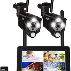 [2K&2-Way Audio&Floodlight] Tonton Portable LCD Security Camera System Wireless, 7″ IPS Touchscreen Monitor with Battery, 4CH NVR and 2PCS 3MP Floodlight Cameras with PIR Sensor,32GB SD Card Included