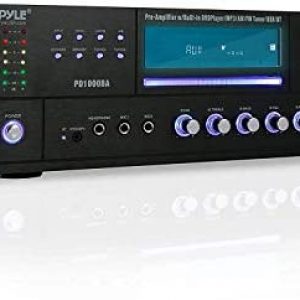 4-Channel Wireless Bluetooth Power Amplifier – 1000W Stereo Speaker Home Audio Receiver w/ FM Radio, USB, Headphone, 2 Microphone w/ Echo, Front Loading CD DVD Player, LED, Rack Mount – Pyle PD1000BA