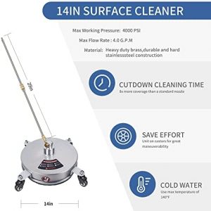 Biswing 14″ Pressure Washer Surface Cleaner with 4 Wheels, Stainless Steel Power Washer Accessory for Driveways Sidewalks Patios Cleaning, 1/4″ Quick Connector, 2 Extension Wand Attachments, 4000 PSI