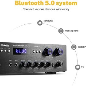Donner Bluetooth 5.0 Stereo Audio Amplifier Receiver, 4 Channel, 440W Peak Power Home Theater Stereo Receiver USB, SD,FM, 2 Mic in Echo, RCA, LED, Speaker Selector for Studio, Home-MAMP5