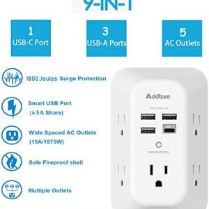 2 Pack USB Wall Charger Surge Protector, 5 Outlet Extender with 4 USB Charging Ports ( 1 USB C Outlet) 3 Sided 1800J Power Strip Multi Plug Outlets, Wall Adapter Spaced for Home Travel Office
