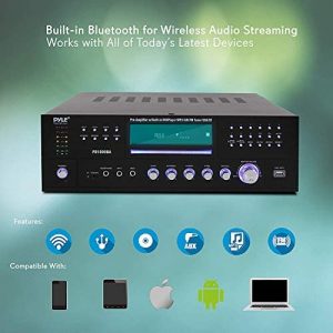 4-Channel Wireless Bluetooth Power Amplifier – 1000W Stereo Speaker Home Audio Receiver w/ FM Radio, USB, Headphone, 2 Microphone w/ Echo, Front Loading CD DVD Player, LED, Rack Mount – Pyle PD1000BA