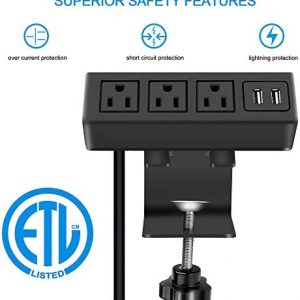 CCCEI 3 Outlet Desk Clamp Power Strip with USB Ports, Desktop Power Strip Surge Protector 1200J. Desk Mount Charging Power Station, on Desk Edge Power Outlet 125V 12A 1500W.