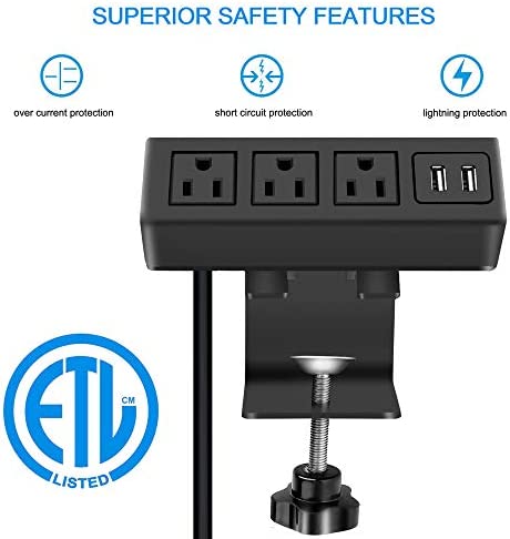CCCEI 3 Outlet Desk Clamp Power Strip with USB Ports, Desktop Power Strip Surge Protector 1200J. Desk Mount Charging Power Station, on Desk Edge Power Outlet 125V 12A 1500W. - Image 2