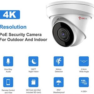 Anpviz 4K POE Security Camera Outdoor, Ultra HD 8MP IP PoE Turret Surveillance Camera w/ Audio, 3840×2160, 2.8mm Lens Wide Angle, 100ft EXIR 2.0 Night Vision, IP67 Weatherproof, Up to 256GB SD Card