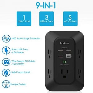 USB Wall Charger Surge Protector – Addtam 5 Outlet Extender with 4 USB Charging Ports ( 1 USB C), 3-Sided 1800J Power Strip Multi Plug Outlets Adapter Widely Spaced,Black
