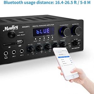 Moukey Home Audio Amplifier Stereo Receivers with Bluetooth 5.0, 220W 2 Channel Power Amplifier Stereo System, w/USB, SD, AUX, MIC in w/Echo, LED for Home Theater Speakers via RCA, Studio Use – MAMP1