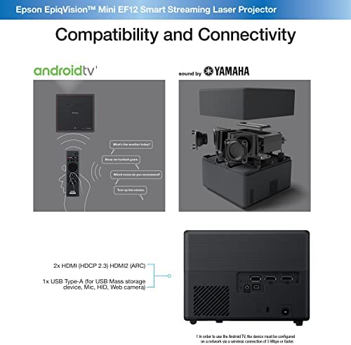 Epson EpiqVision Mini EF12 Smart Streaming Laser Projector, HDR, Android TV, Portable, sound by Yamaha, 3LCD, Full HD 1080p, 1000 lumens Color and White Brightness Bluetooth support Black Small - Image 6