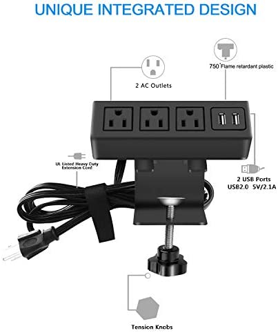 CCCEI 3 Outlet Desk Clamp Power Strip with USB Ports, Desktop Power Strip Surge Protector 1200J. Desk Mount Charging Power Station, on Desk Edge Power Outlet 125V 12A 1500W. - Image 4