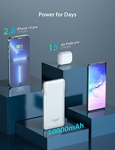 TG90 10000mah Power Bank External Battery Packs, Portable Charger with Built-in Lightning and Type-C Cable for Cell Phone Battery Backup, Portable Phone Charger Compatible with iPhone, Android Phones - Image 4