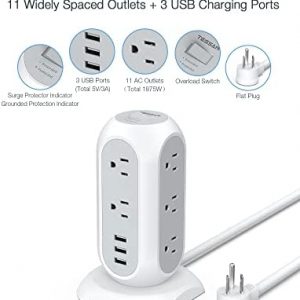 Tower Power Strip with 11 Outlets 3 USB Chargers, TESSAN Surge Protector Tower 1875W/15A, 6 Feet Extension Cord with Multiple Outlets, Flat Plug, Office Supplies, Desk Accessories, Dorm Essentials