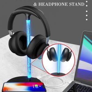 RGB Headphone Stand with 15W Wireless Charger, Uineer Desk Gaming Headset Holder Hanger Rack with QI Wireless Fast Charging Pad, for Computer Gaming Gamer Accessories, Black