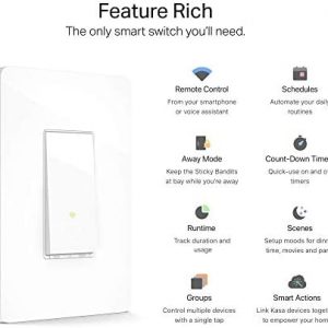 Kasa Smart Light Switch HS200, Single Pole, Needs Neutral Wire, 2.4GHz Wi-Fi Light Switch Works with Alexa and Google Home, UL Certified, No Hub Required , White