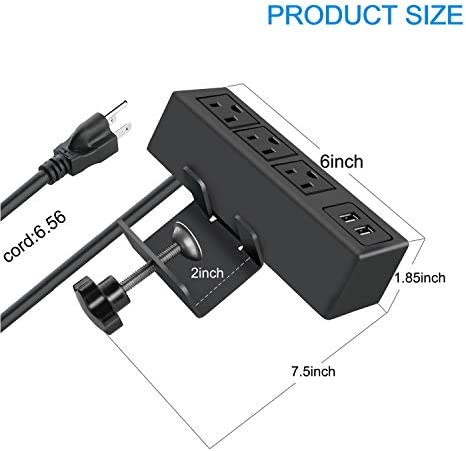 CCCEI 3 Outlet Desk Clamp Power Strip with USB Ports, Desktop Power Strip Surge Protector 1200J. Desk Mount Charging Power Station, on Desk Edge Power Outlet 125V 12A 1500W. - Image 3