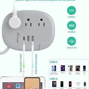 USB C Travel Power Strip,Alitayee Portable Power Strips with 3 Outlets 3 USB Ports Fast Charge, USB Extension Cord with Flat Plug and 3ft Wrapped Around Extension Cord for Cruise Travel Home Office