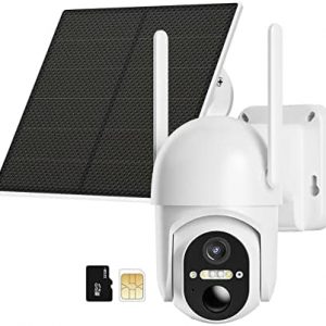 4G LTE Cellular Security Camera Included SD&SIM Card（Verizon AT&T T-Mobile）Battery Solar Panel, Wireless Outdoor Cam No WiFi Needed with 2K Night Vision Pan Tilt 355° View Spotlight PIR Motion Sensor