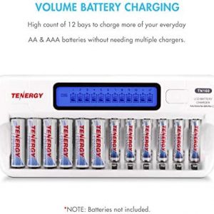 Tenergy TN160 LCD Battery Charger 12-Bay Smart Battery Charger for AA/AAA NiMH/NiCd Rechargeable Batteries Charger with Refresh Function Household Battery Charger w/AC Wall Adapter