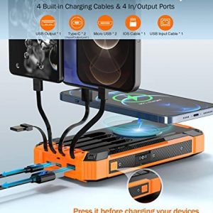 Solar Power Bank 36000mAh Built-in 4 Cables Qi Wireless Charger with Dual LED Flashlight Solar Portable External Battery IPX4 Waterproof 15W 5V/3A USB C Port Six Outputs Three Inputs(Orange)