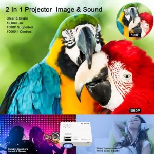 Mini Projector, 1080P Full HD Supported Portable Video Projector, 10000 Lux. LED Projector for Home Movie Theater Compatible with TV Stick HDMI VGA Android/ iPhone, Backpack Included (Milky)