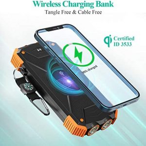 Solar Power Bank, Qi Portable Charger 10,000mAh External Battery Pack Type C Input Port Dual Flashlight, Compass, Solar Panel Charging (Orange)