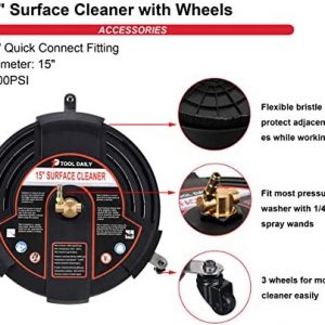 Tool Daily 15 Inch Pressure Washer Surface Cleaner Attachment with Wheels, with 2 Power Washer Extension Wands and 2 Replacement Nozzles, 3600 PSI