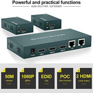 HDMI Extender Splitter 1×2, HD1080P@60Hz & 3D Visual, Extending 165ft (50m) Length Transmission Over CAT5e/CAT6/CAT7 Cable, 2 Channel Transmission with 2 HDMI Loop Out