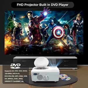 Native 1080P WiFi Bluetooth Projector Built in DVD Player, MINLOVE Full HD Portable Projector, Mini Video Movie Projector for Outdoor, Zoom & Sleep Timer Support, Compatible with TV/HDMI/VGA/AV/USB/TF