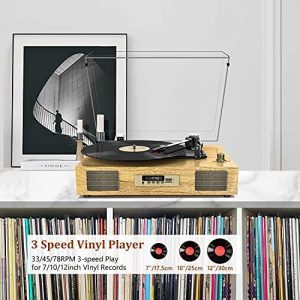 Vintage Bluetooth USB Record Player with Built-in Speakers Portable Vinyl Recording Turntable Record Player with Speaker Includes Extra Mat & Needle, Retro Walnut
