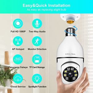 Light Bulb 1080P Security Camera, PTZ E27 Bulb 360 Degree Panoramic Wireless Connector with WiFi,Smart Motion Detection and Alarm,Two Way Audio,Night Vision, Remote Viewing with 64GB Memory Card