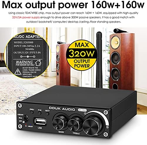 Douk Audio M1 PRO 320W Bluetooth Power Amplifier, 2 Channel Audio Amp, Wireless Receiver, for Home Stereo Speakers/Active Subwoofer, with Treble & Bass Control/U-Disk Music Player - Image 4