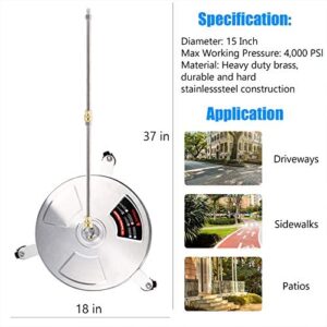 Twinkle Star 15″ Pressure Washer Surface Cleaner with 3 Wheels, Stainless Steel Housing & 1/4″ Quick Connector, Power Washer Attachment with 2 Extension Wand, 2 Replacement Nozzles, 4000 PSI
