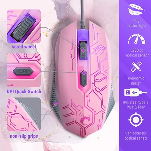 Pink Gaming Keyboard and Mouse Headset Headphones and Mouse pad, Wired LED RGB Backlight Bundle Pink PC Accessories for Gamers and Xbox and PS4 PS5 Nintendo Switch Users - 4in1 Edition Hornet RX-250 - Image 5