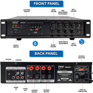 Bluetooth Home PA Mixing Amplifier – 500W Home Audio Rack Mount Stereo Power Amplifier Receiver w/FM Radio, Digital LED Display, USB/AUX/Mic, Optical/Coaxial, AC-3, 70V/100V Output – Pyle PMX3500PH
