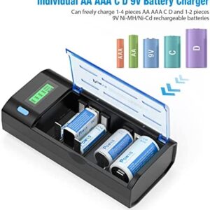 POWXS Smart Rechargeable C D AA AAA 9V Batteries Charger, Fast Charging for 1.2V Ni-MH Ni-CD Batteries with Discharge Function & LCD Display & USB Inport(Included USB Cable)