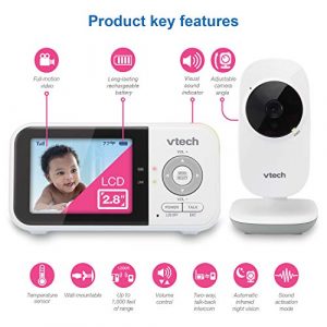 VTech VM819 Video Baby Monitor with 19Hour Battery Life 1000ft Long Range Auto Night Vision 2.8” Screen 2Way Audio Talk Temperature Sensor Power Saving Mode and Lullabies, White