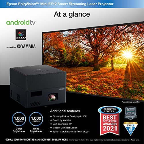 Epson EpiqVision Mini EF12 Smart Streaming Laser Projector, HDR, Android TV, Portable, sound by Yamaha, 3LCD, Full HD 1080p, 1000 lumens Color and White Brightness Bluetooth support Black Small - Image 3