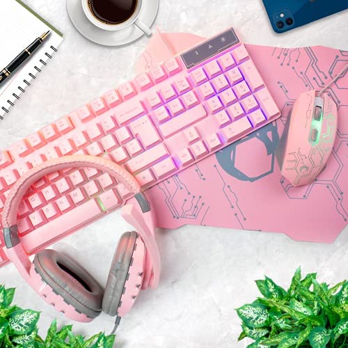 Pink Gaming Keyboard and Mouse Headset Headphones and Mouse pad, Wired LED RGB Backlight Bundle Pink PC Accessories for Gamers and Xbox and PS4 PS5 Nintendo Switch Users - 4in1 Edition Hornet RX-250 - Image 2