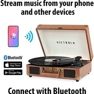Victrola Vintage 3-Speed Bluetooth Portable Suitcase Record Player with Built-in Speakers | Upgraded Turntable Audio Sound| Includes Extra Stylus | Brown