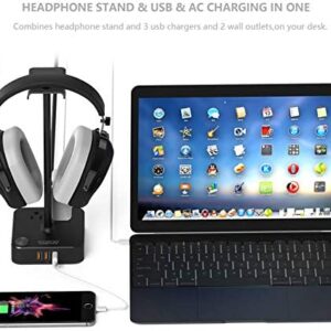 Headphone Stand with USB Charger COZOO Desktop Gaming Headset Holder Hanger with 3 USB Charger and 2 Outlets – Suitable for Gaming, DJ, Wireless Earphone Display (Black)