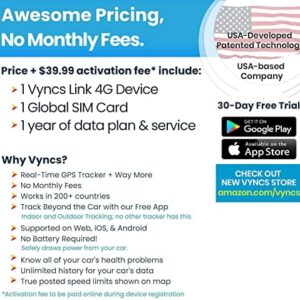 Vyncs – GPS Tracker for Vehicles 4G LTE, No Monthly Fee, Vehicle Location, Trip History, Driving Alerts, GeoFence, Fuel Economy, OBD Fault Codes, USA-Developed, Family or Fleets.
