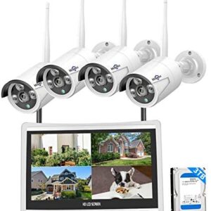 [8CH Expandable, 2K] Hiseeu All in one with 12″ LCD Monitor 3TB Hard Drive, Wireless Security Camera System, Home Business 8CH 1296P NVR Kit 4pcs 3MP Outdoor Bullet IP Cameras Night Vision Waterproof
