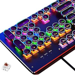 Basaltech Mechanical Light Up Keyboard With LED Backlit, Typewriter Style Gaming Keyboard With 104-Key Brown Switch Round Keycaps, Retro Steampunk Keyboard Metal Panel With Wired USB For PC/Mac/Laptop
