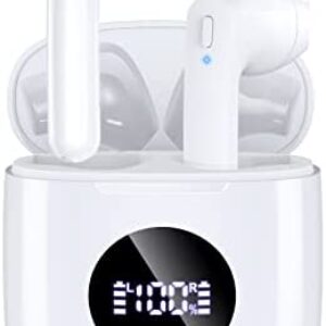 Bluetooth Headphones V5.3 Wireless Earbuds 48 Hrs Battery Life with Wireless Charging Case & LED Power Display Deep Bass IPX7 Waterproof Earphones Microphone Stereo Headset for iPhone & Android, White
