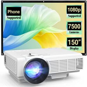 DRJ Upgrade 7500Lumens Mini Projector Outdoor Movie Projector with 100Inch Projector Screen, Full HD 1080P Projector Supported, Compatible with TV Stick, Video Games, HDMI, USB, TF, VGA, AUX, AV, PS4