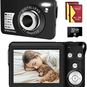 Digital Cameras – HD Compact Camera 48MP 2.7K Small Portable Camera for Teens with 16X Digital Zoom Mini Camera with 32 GB SD Card and 2 Batteries (Black)