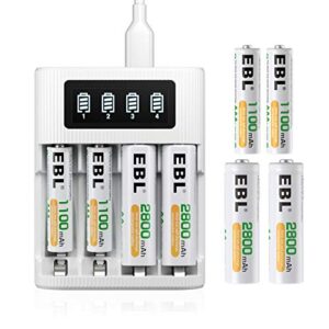 EBL AA AAA Rechargeable Battery 8 Counts with Battery Charger – LCD Smart Charger with 1.2V AA Rechargeable Battery (4pcs) and AAA Batteries (4pcs)