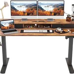 FEZIBO Height Adjustable Electric Standing Desk with Double Drawer, 55 x 24 Inch Stand Up Table with Storage Shelf, Sit Stand Desk with Splice Board, Black Frame/Rustic Brown Top